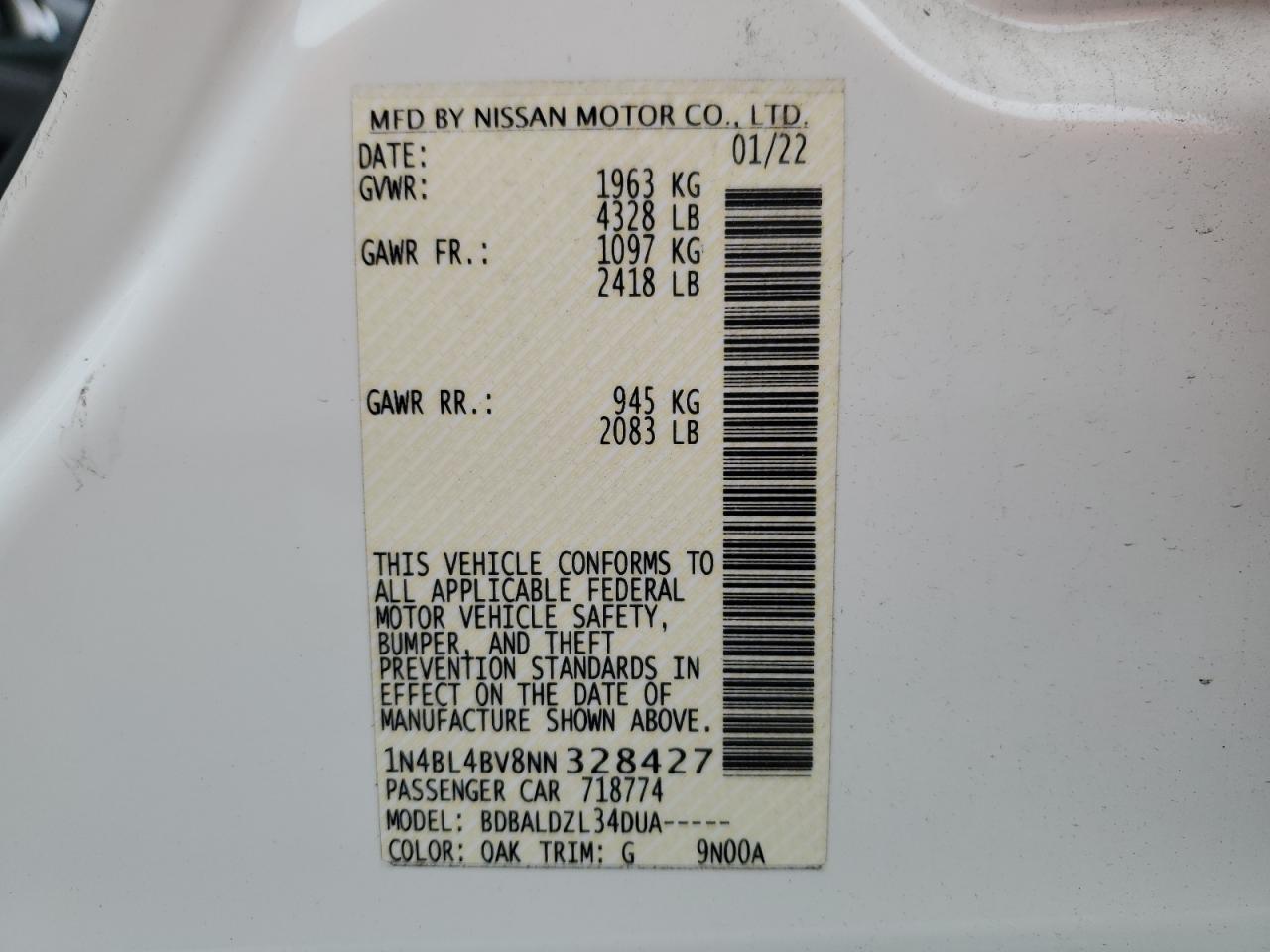 2022 NISSAN ALTIMA S VIN:1N4BL4BV8NN328427