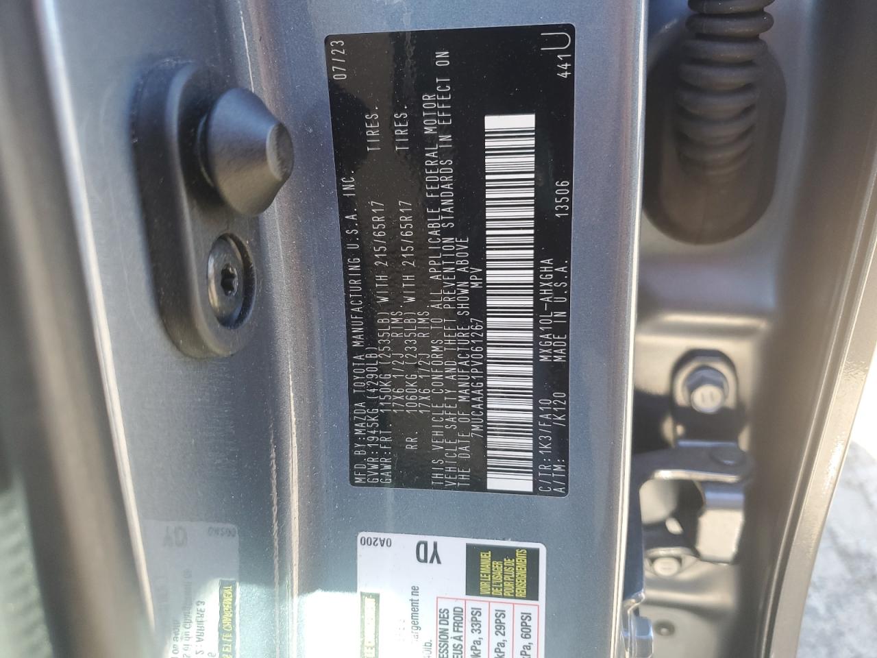 2023 TOYOTA COROLLA CROSS LE VIN:7MUCAAAG1PV061267