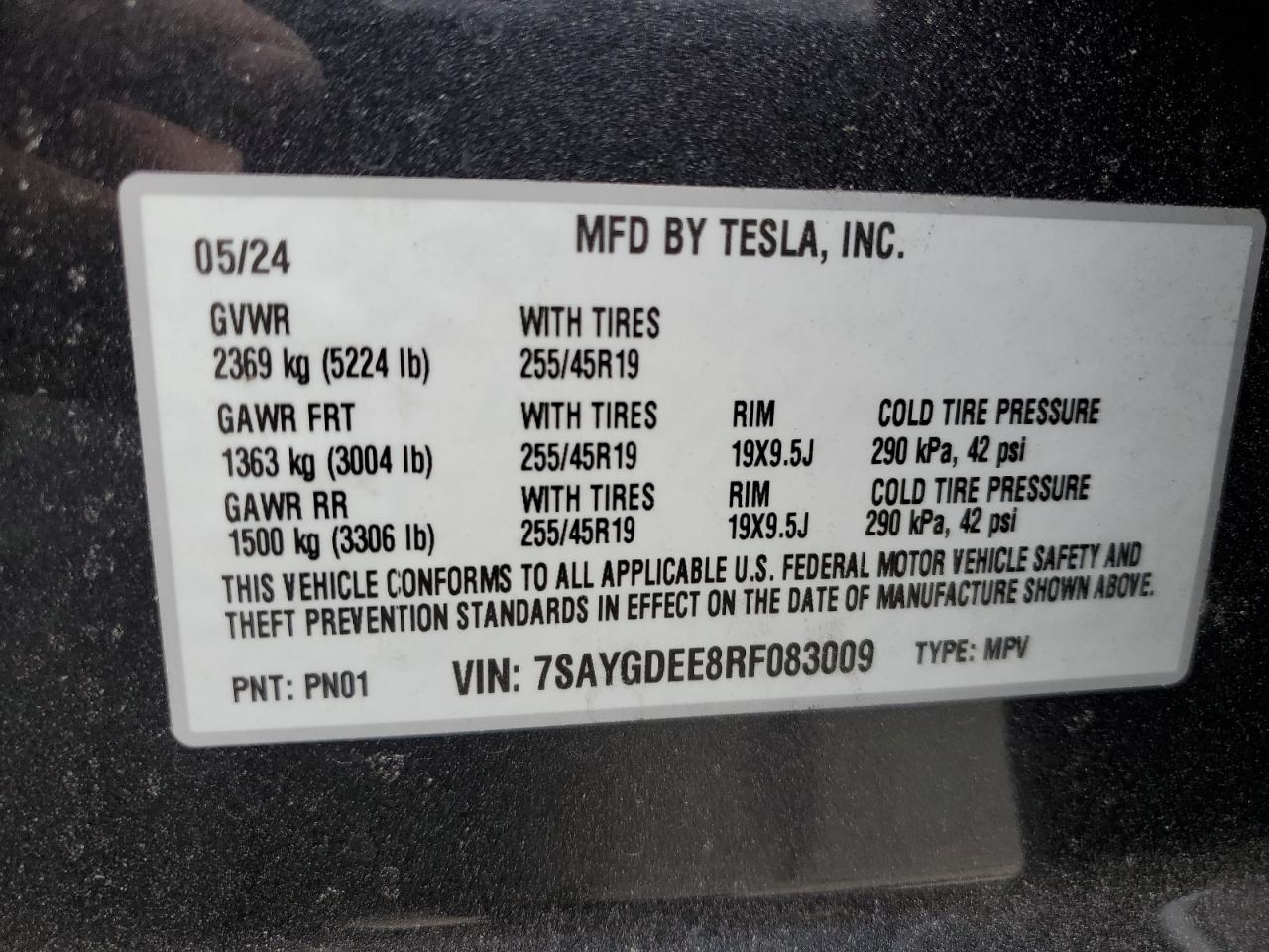 2024 TESLA MODEL Y VIN:7SAYGDEE8RF083009