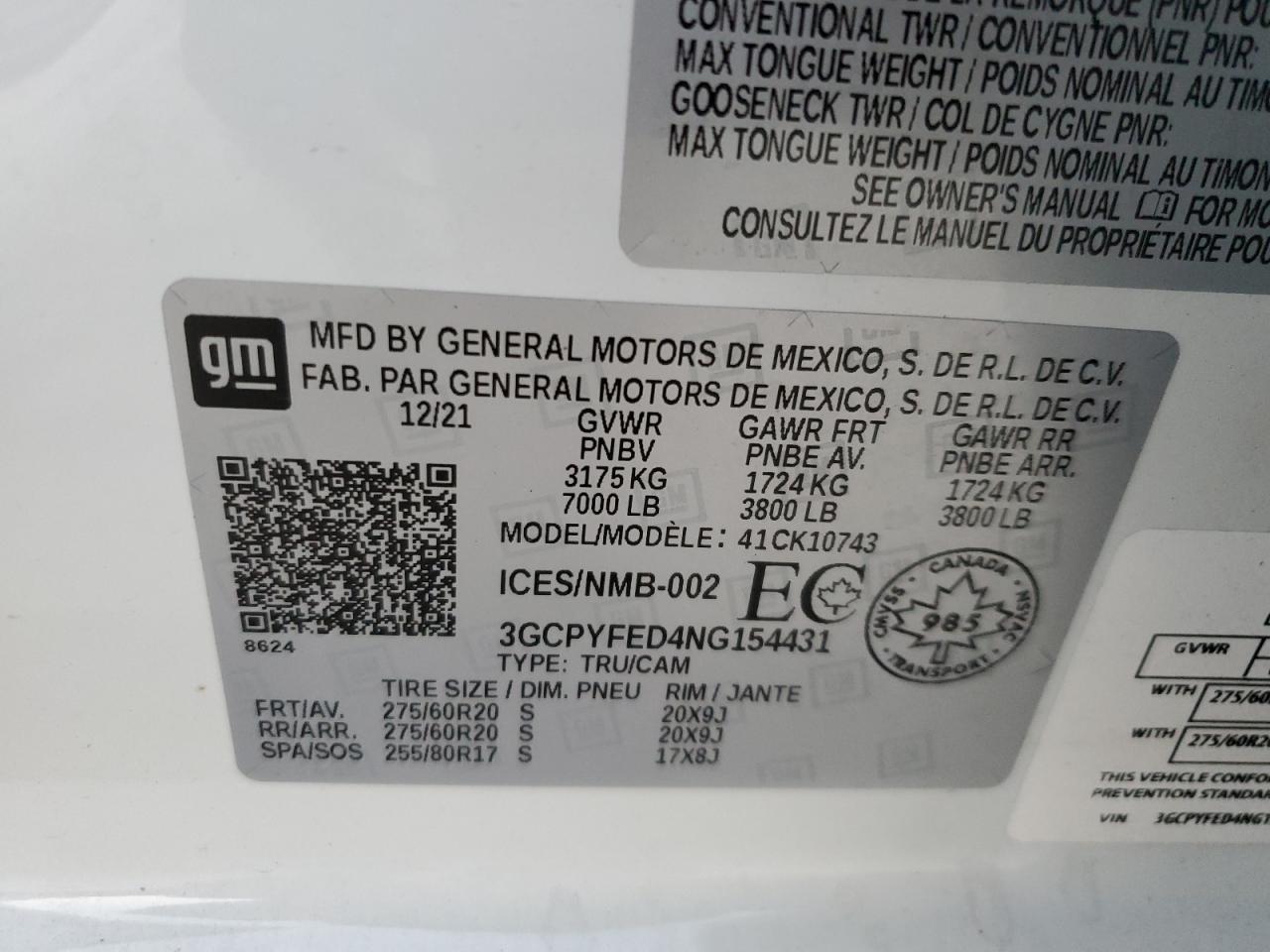 2022 CHEVROLET SILVERADO LTD K1500 LT TRAIL BOSS VIN:3GCPYFED4NG154431