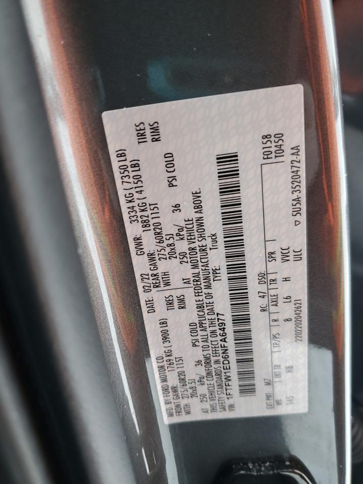 2022 FORD F150 SUPERCREW VIN:1FTFW1ED6NFA64977