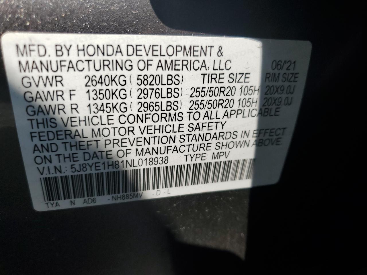 2022 ACURA MDX ADVANCE VIN:5J8YE1H81NL018938