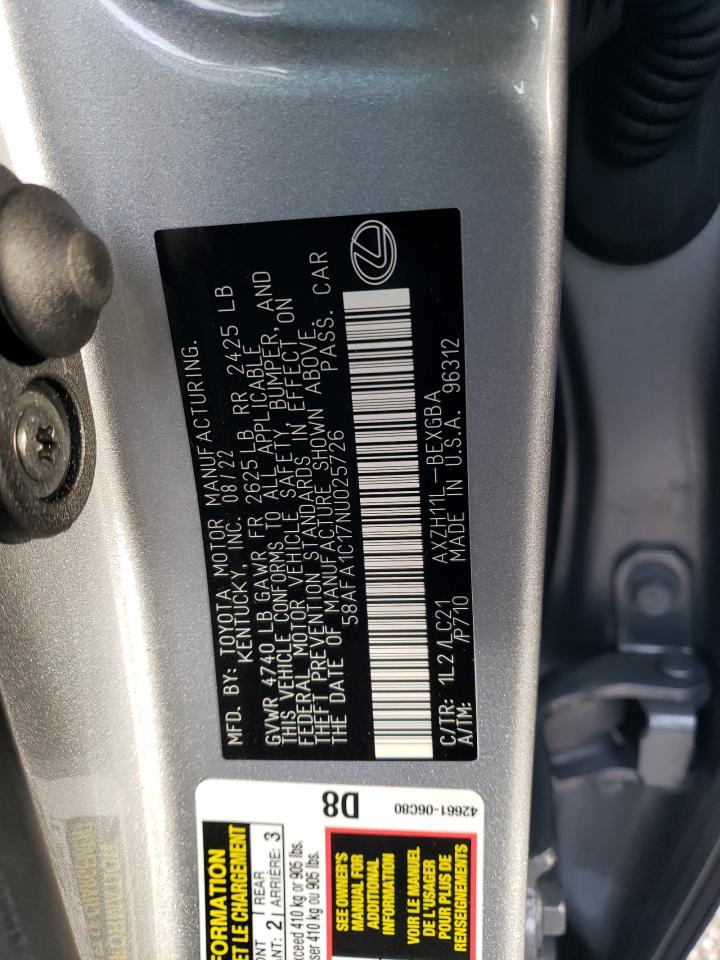2022 LEXUS ES 300H BASE VIN:58AFA1C17NU025726