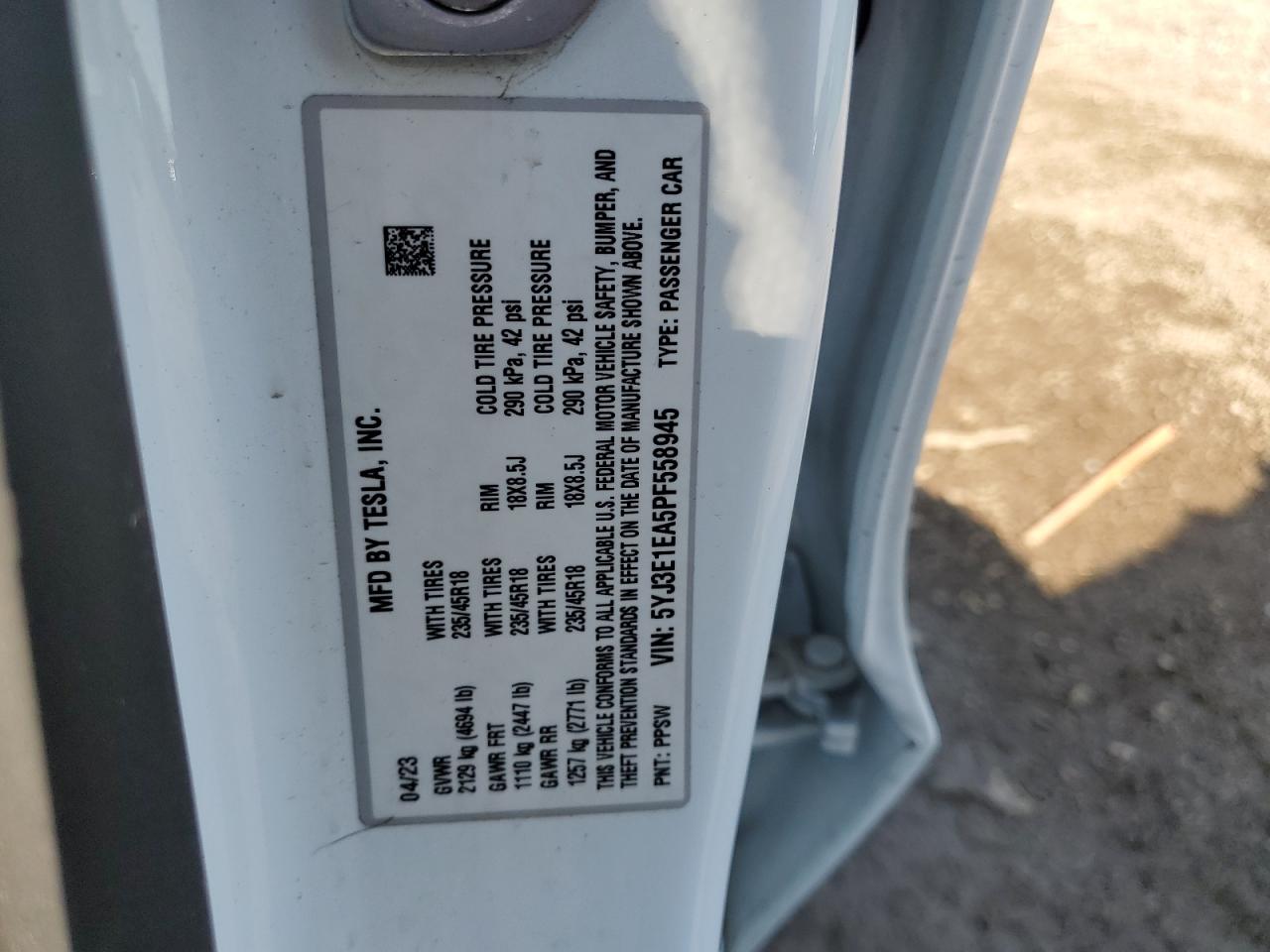 2023 TESLA MODEL 3 VIN:5YJ3E1EA5PF558945