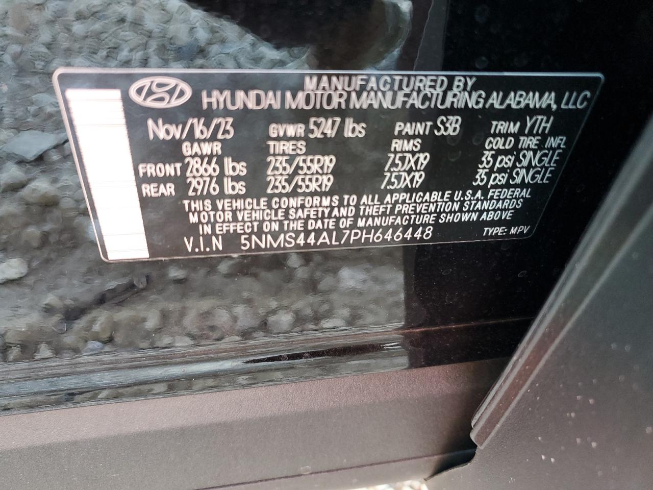 2023 HYUNDAI SANTA FE LIMITED VIN:5NMS44AL7PH646448