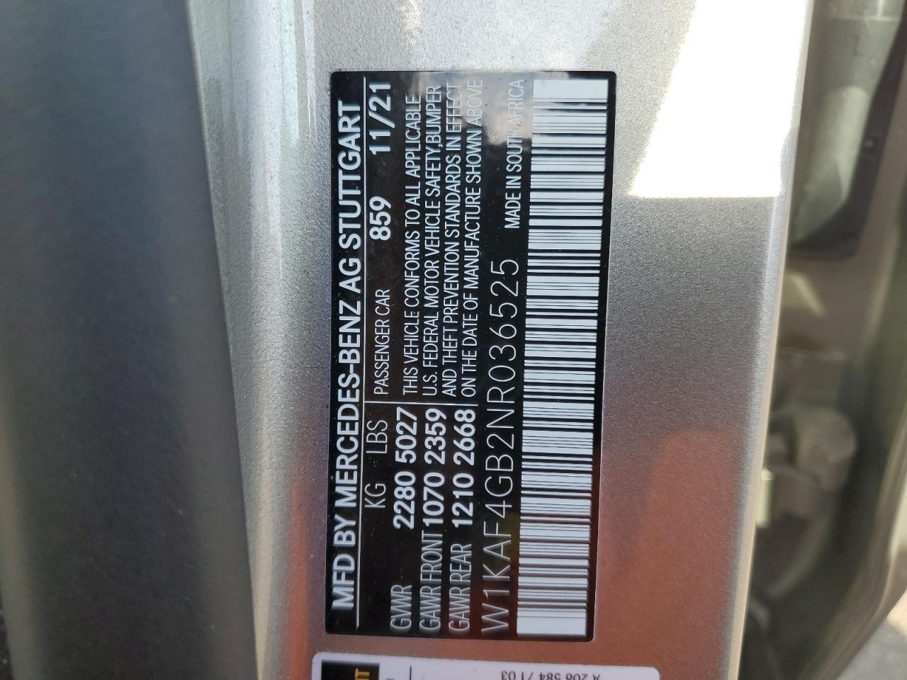 2022 MERCEDES-BENZ C 300 VIN:W1KAF4GB2NR036525