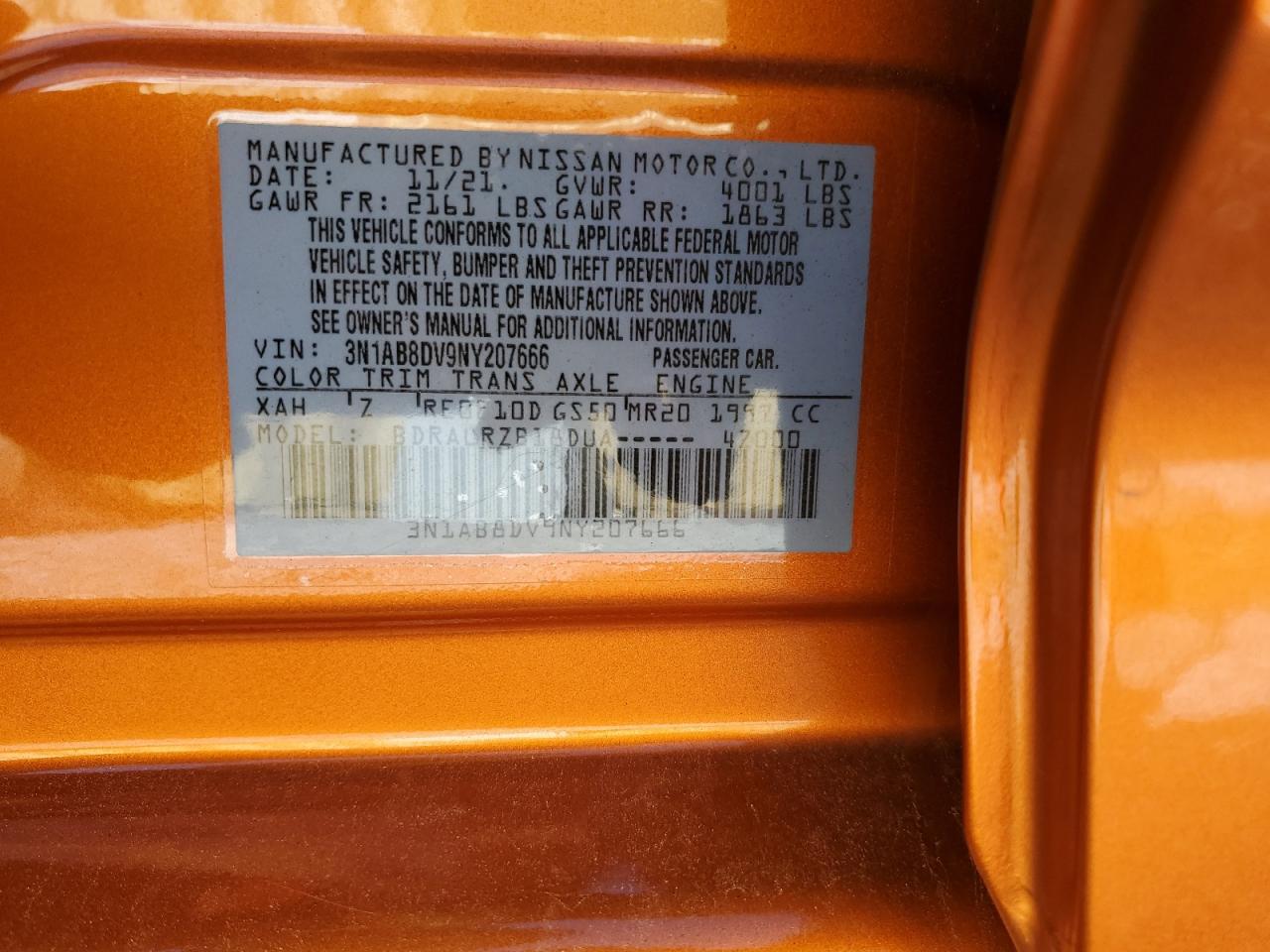 2022 NISSAN SENTRA SR VIN:3N1AB8DV9NY207666