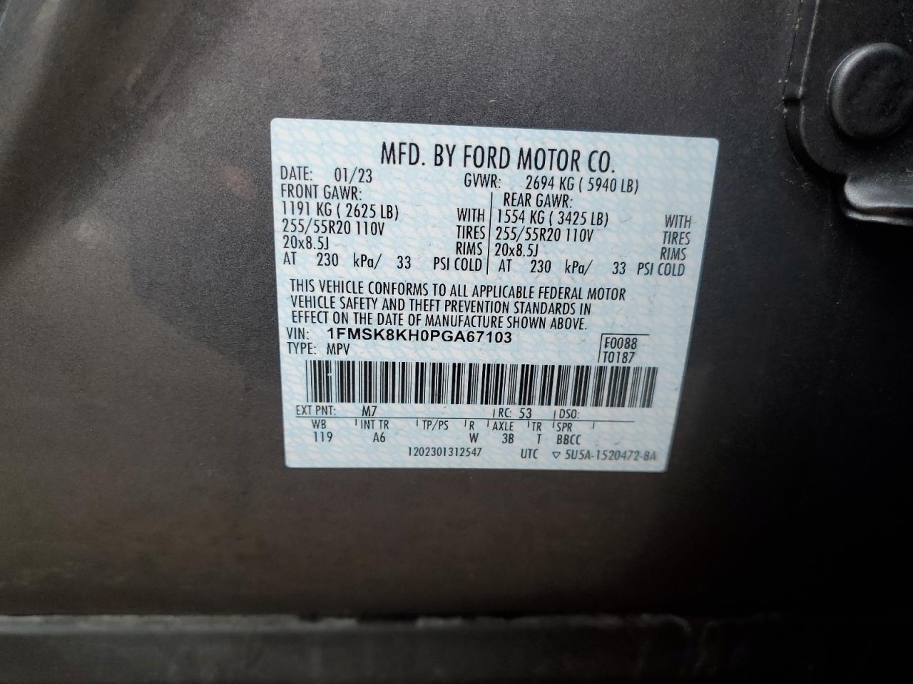 2023 FORD EXPLORER ST-LINE VIN:1FMSK8KH0PGA67103