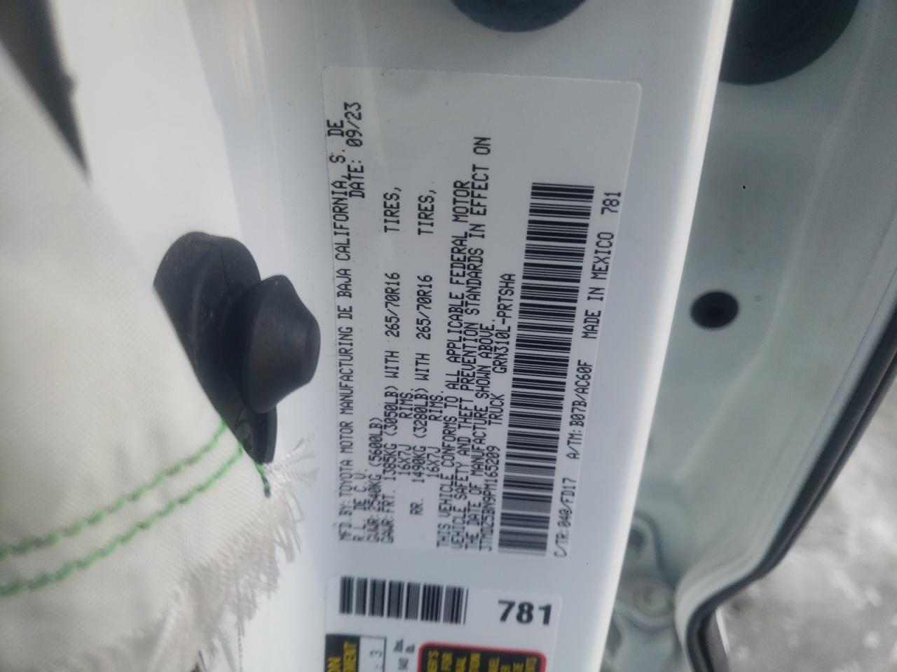 2023 TOYOTA TACOMA DOUBLE CAB VIN:3TMDZ5BN9PM165209