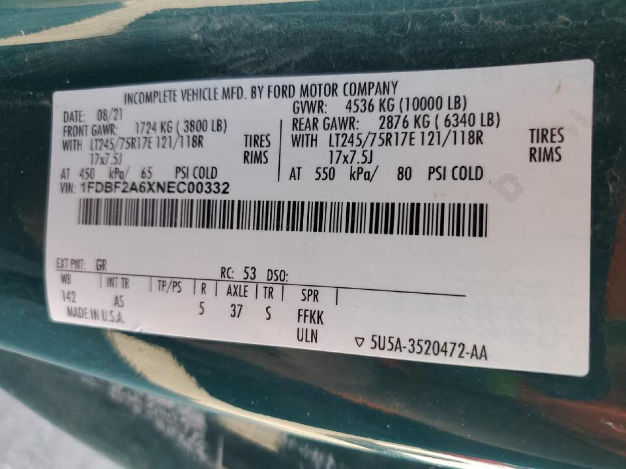 2022 FORD F250 SUPER DUTY VIN:1FDBF2A6XNEC00332