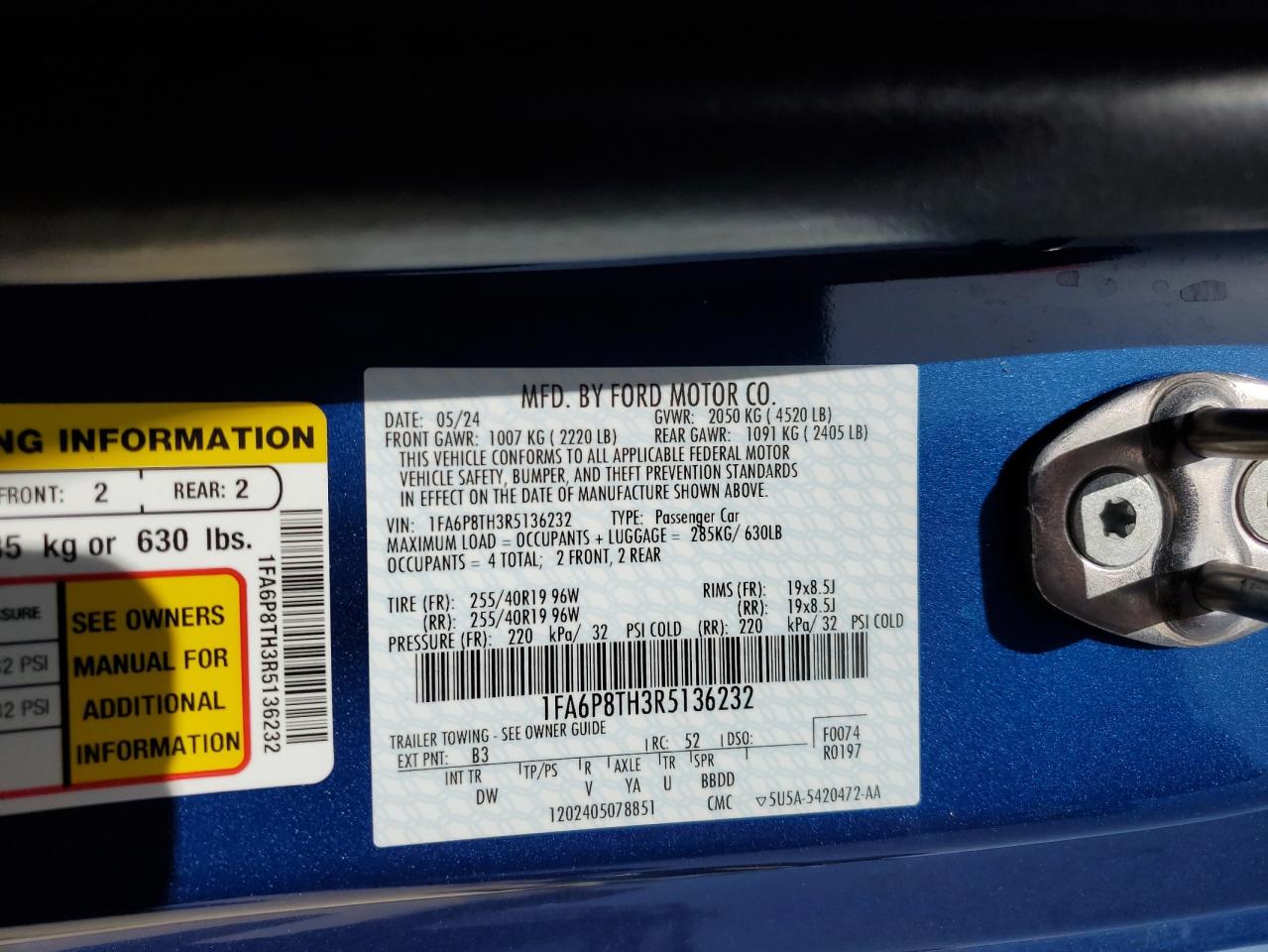 2024 FORD MUSTANG VIN:1FA6P8TH3R5136232