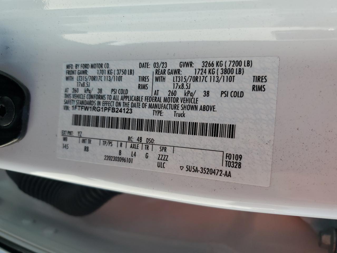 2023 FORD F150 RAPTOR VIN:1FTFW1RG1PFB24123