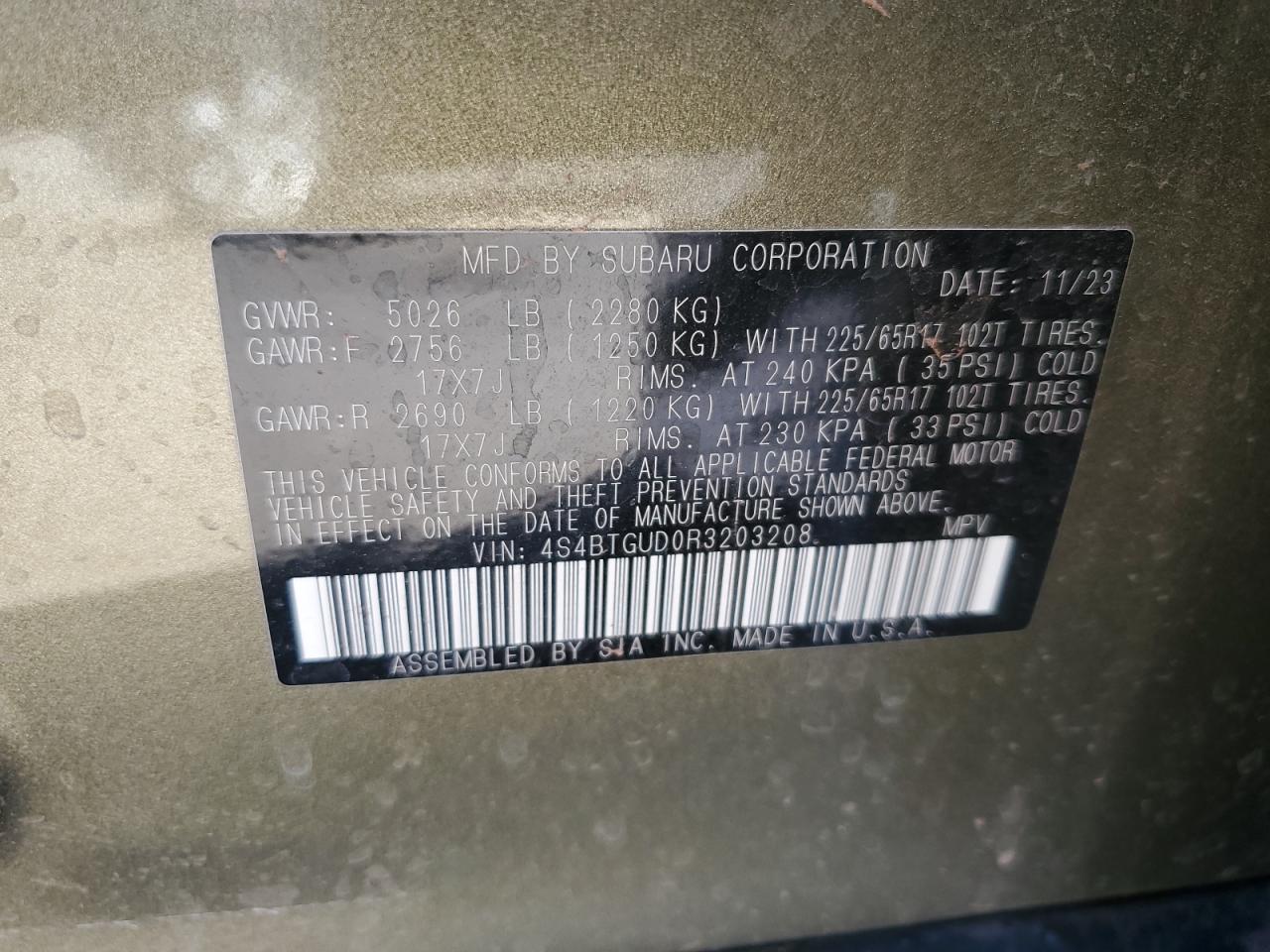 2024 SUBARU OUTBACK WILDERNESS VIN:4S4BTGUD0R3203208