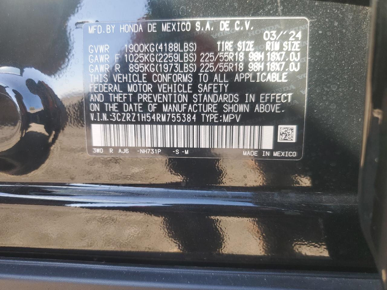 2024 HONDA HR-V SPORT VIN:3CZRZ1H54RM755384