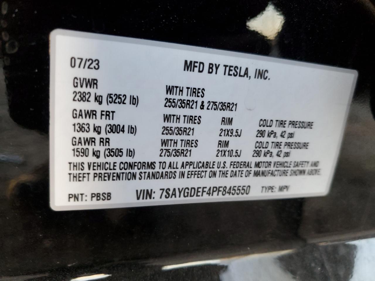 2023 TESLA MODEL Y VIN:7SAYGDEF4PF845550