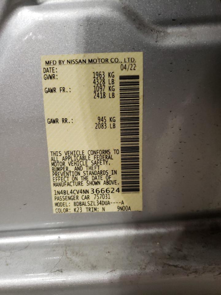 2022 NISSAN ALTIMA SR VIN:1N4BL4CV4NN366624