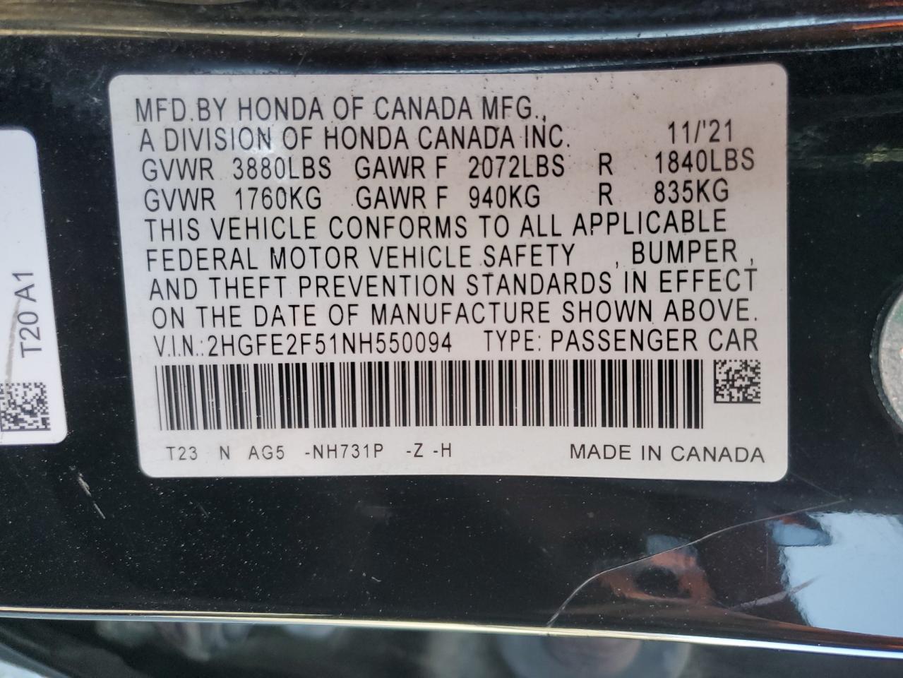 2022 HONDA CIVIC SPORT VIN:2HGFE2F51NH550094