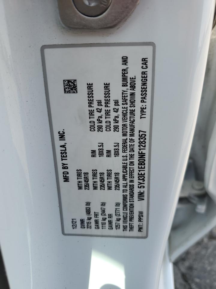 2022 TESLA MODEL 3 VIN:WP0AA2A8XNS255297