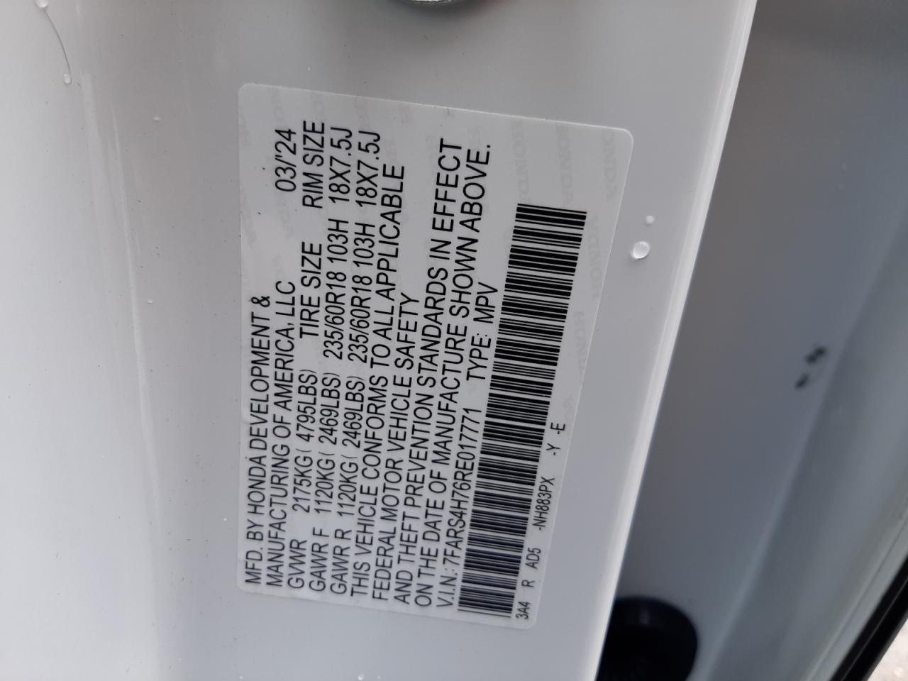 2024 HONDA CR-V EXL VIN:7FARS4H76RE017771