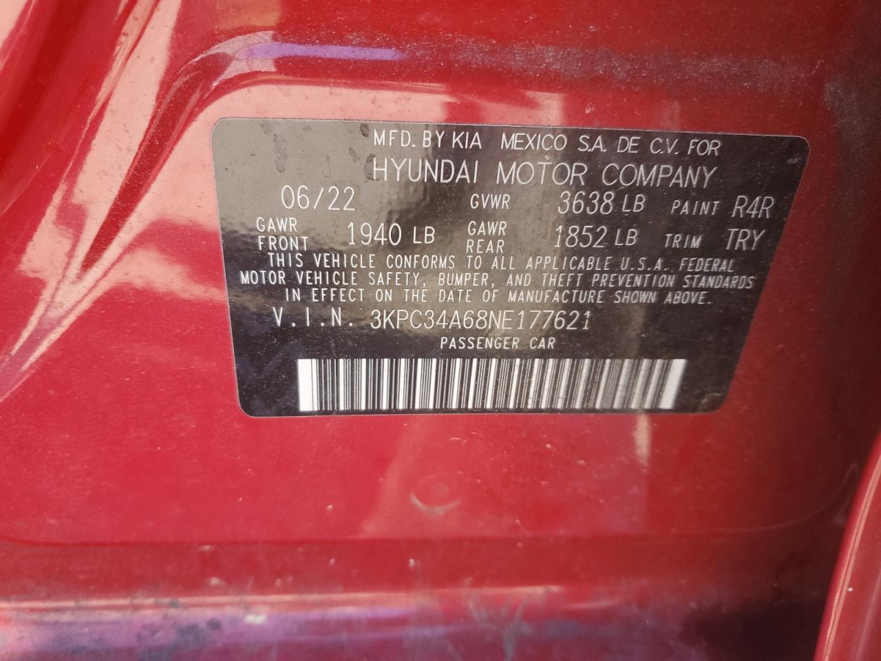 2022 HYUNDAI ACCENT LIMITED VIN:3KPC34A68NE177621