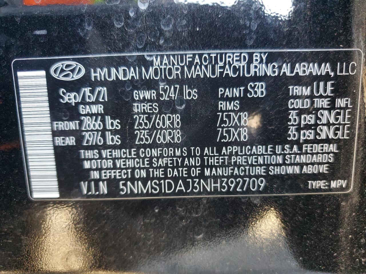 2022 HYUNDAI SANTA FE SE VIN:5NMS1DAJ3NH392709