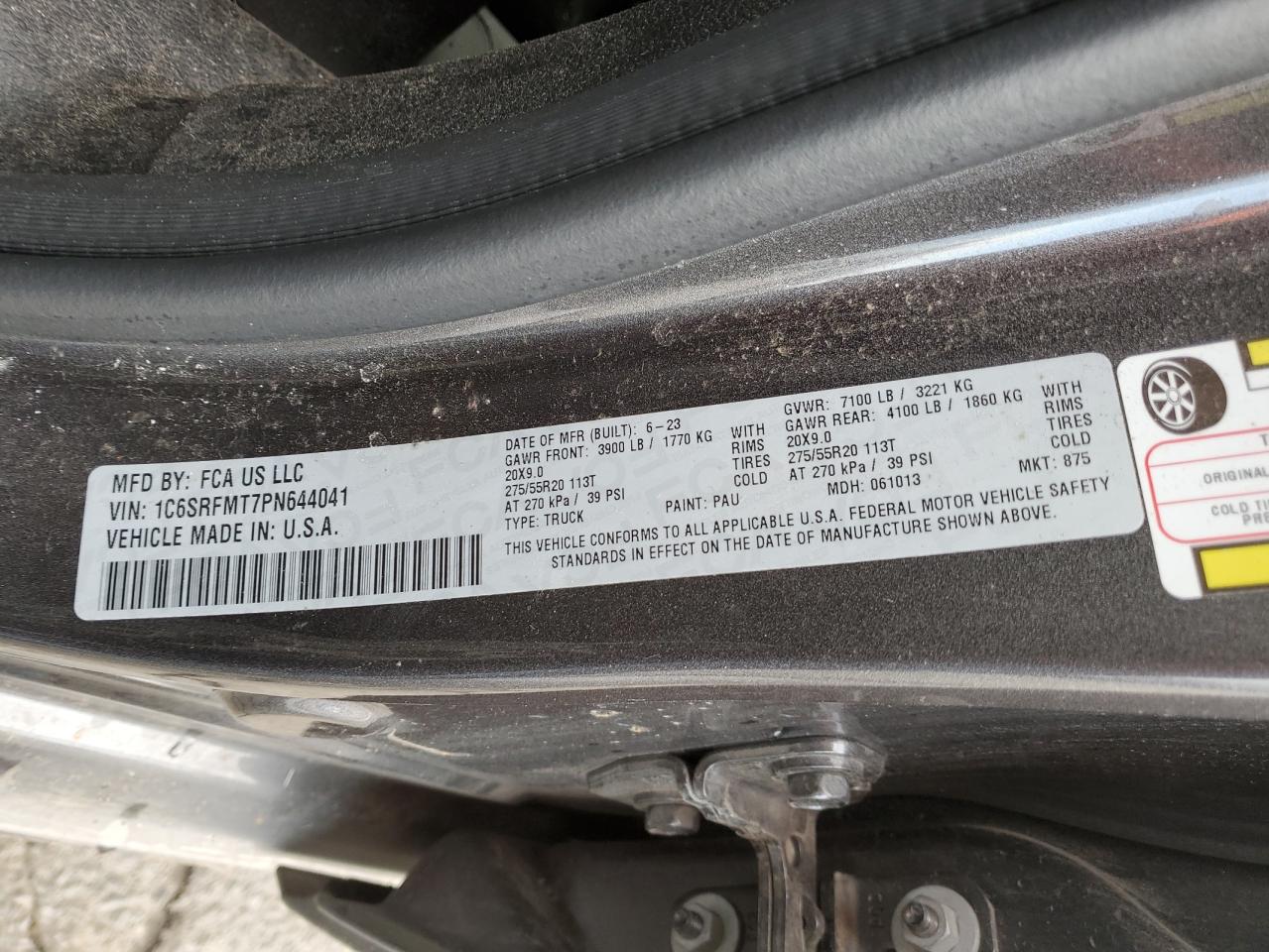 2023 RAM 1500 BIG HORN/LONE STAR VIN:1C6SRFMT7PN644041