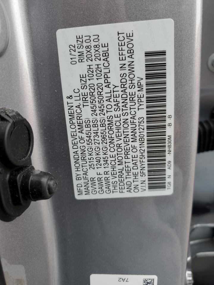 2022 HONDA PILOT SE VIN:5FNYF5H21NB012753