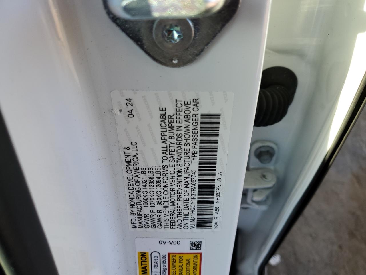 2024 HONDA ACCORD EX VIN:1HGCY1F37RA057740