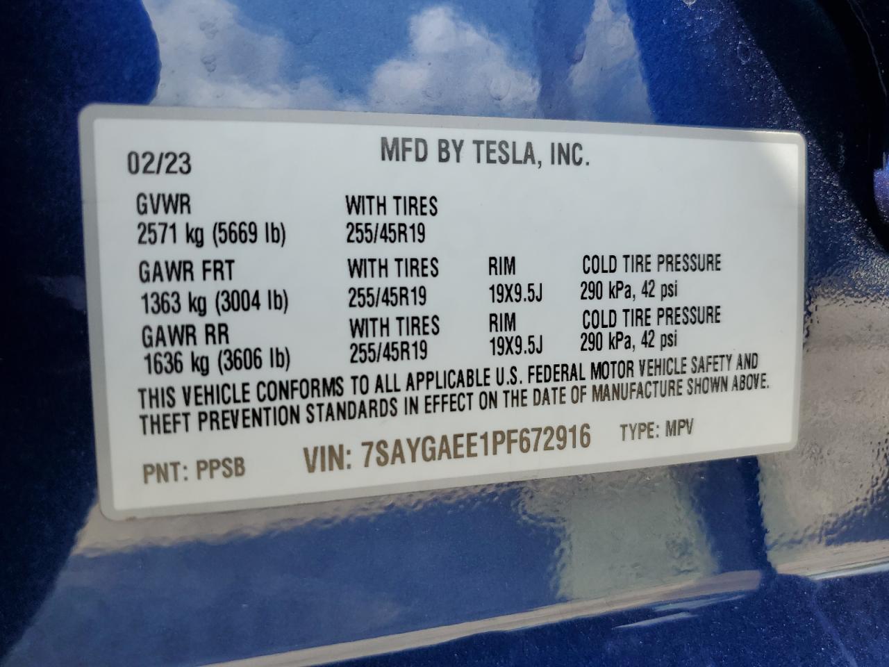 2023 TESLA MODEL Y VIN:7SAYGAEE1PF672916