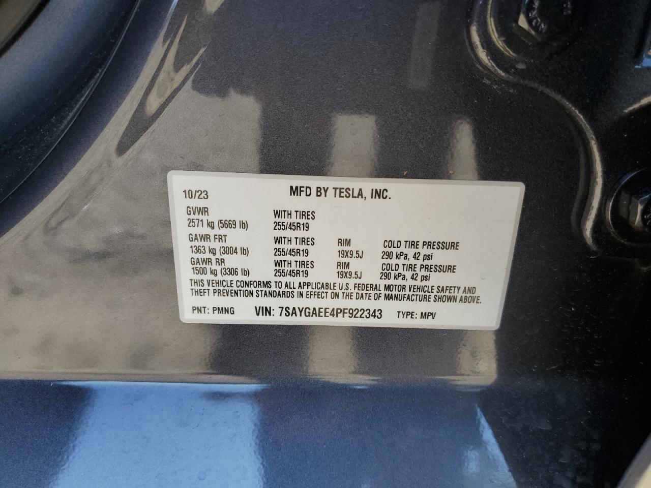 2023 TESLA MODEL Y VIN:7SAYGAEE4PF922343