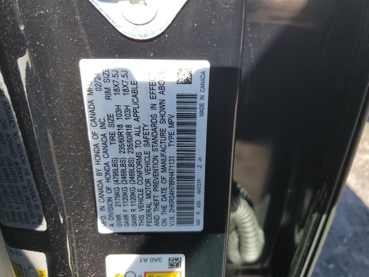 2024 HONDA CR-V EXL VIN:2HKRS4H78RH471131