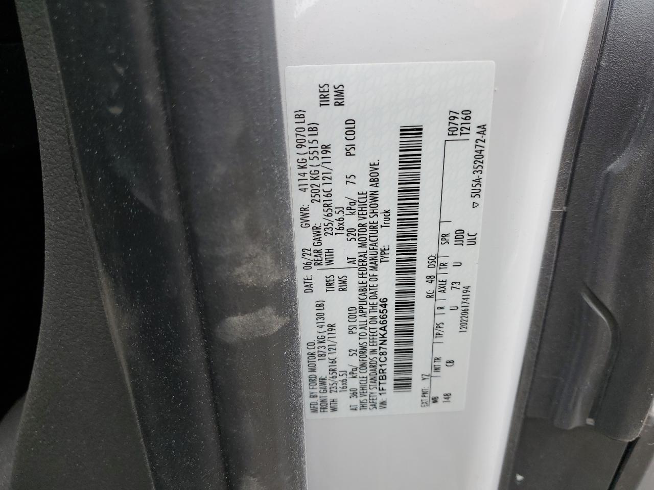 2022 FORD TRANSIT T-250 VIN:1FTBR1C87NKA66546