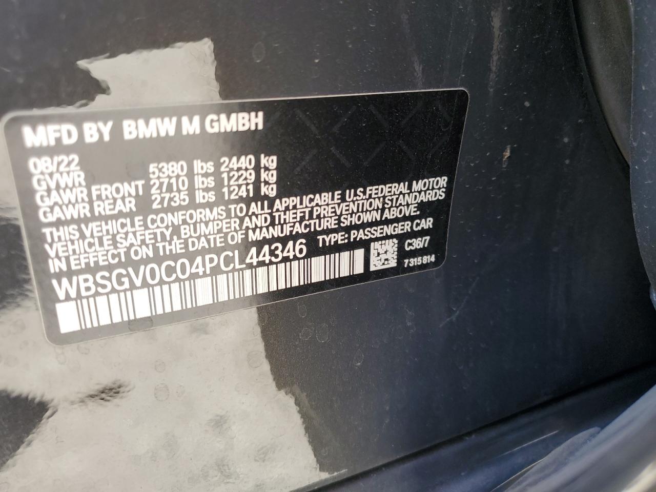 2023 BMW M8 VIN:WBSGV0C04PCL44346