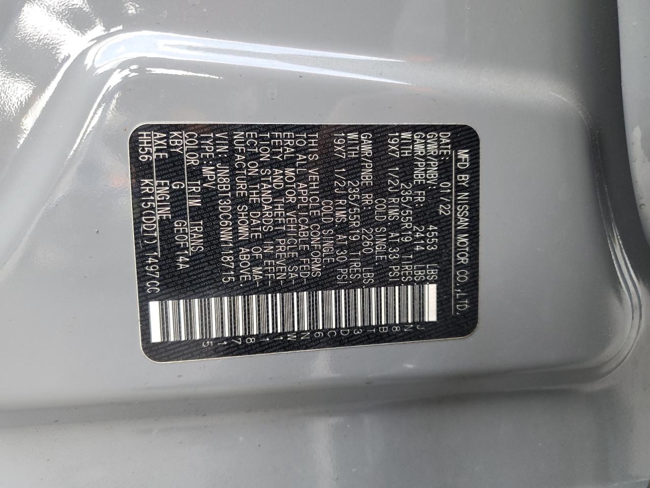 2022 NISSAN ROGUE PLATINUM VIN:JN8BT3DC6NW118715