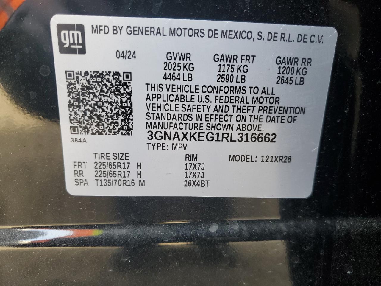 2024 CHEVROLET EQUINOX LT VIN:3GNAXKEG1RL316662