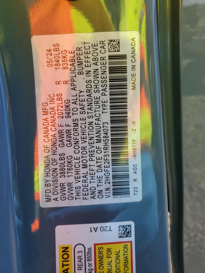 2024 HONDA CIVIC SPORT VIN:2HGFE2F51RH584073