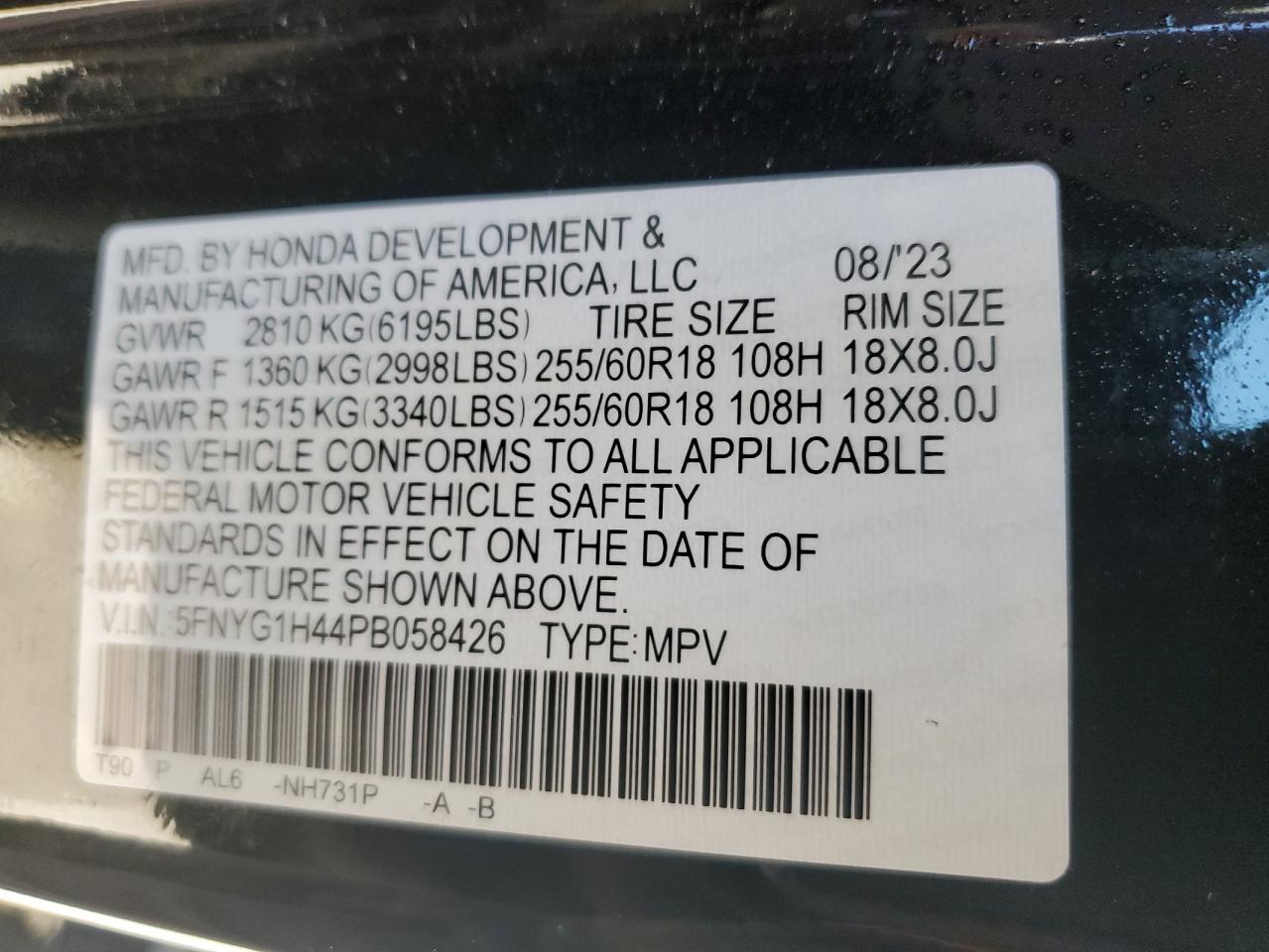 2023 HONDA PILOT EXL VIN:5FNYG1H44PB058426