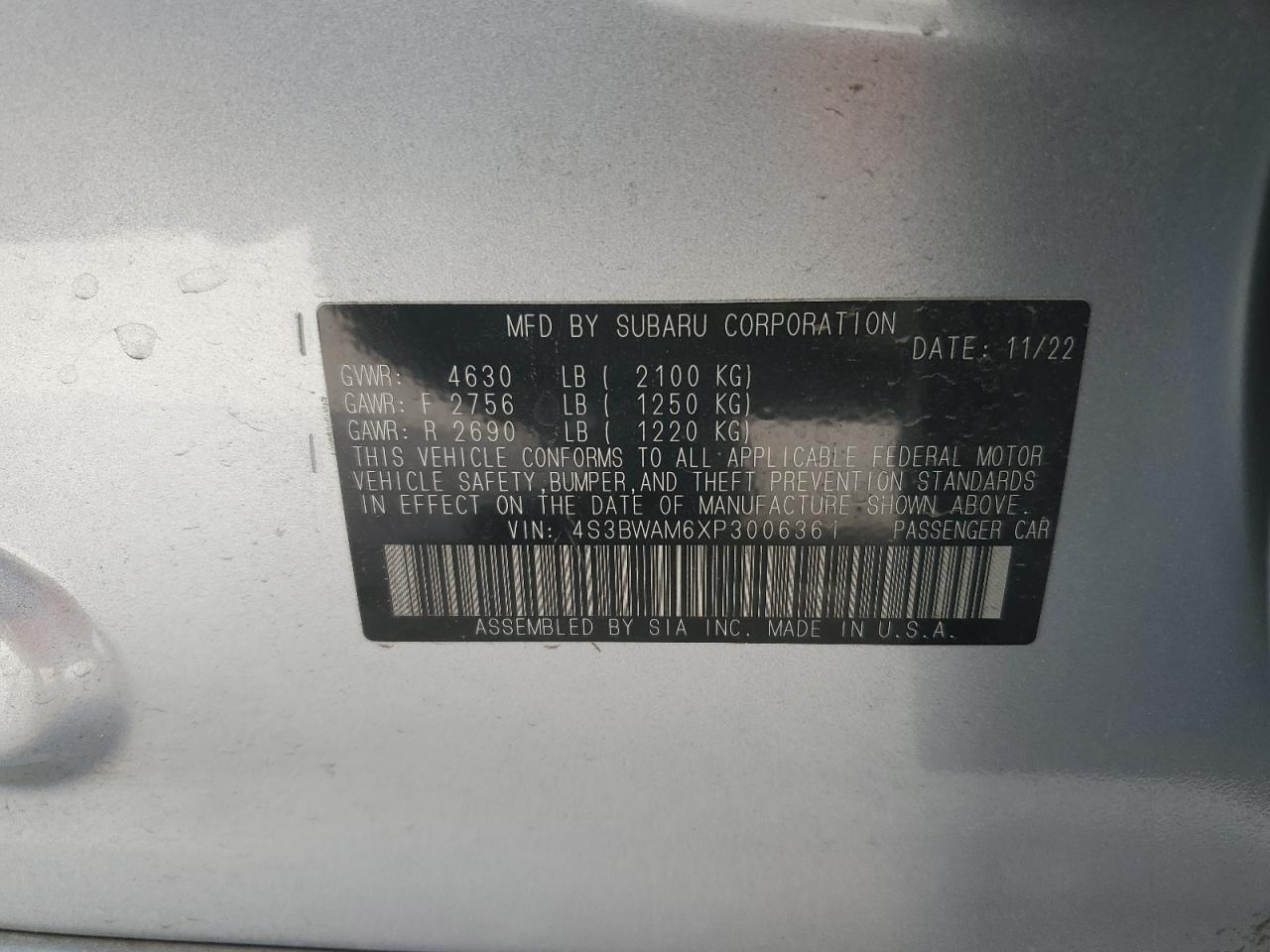 2023 SUBARU LEGACY LIMITED VIN:4S3BWAM6XP3006361