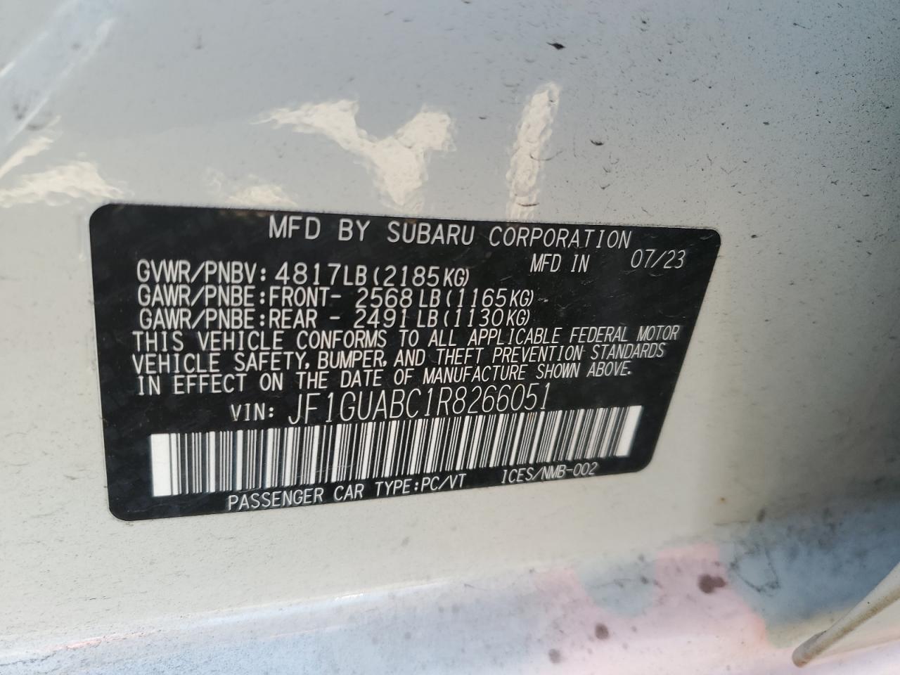 2024 SUBARU IMPREZA VIN:JF1GUABC1R8266051