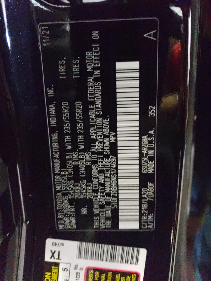 2022 TOYOTA HIGHLANDER PLATINUM VIN:5TDFZRBH6NS174697