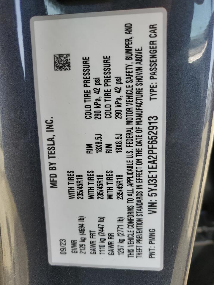 2023 TESLA MODEL 3 VIN:5YJ3E1EA2PF652913