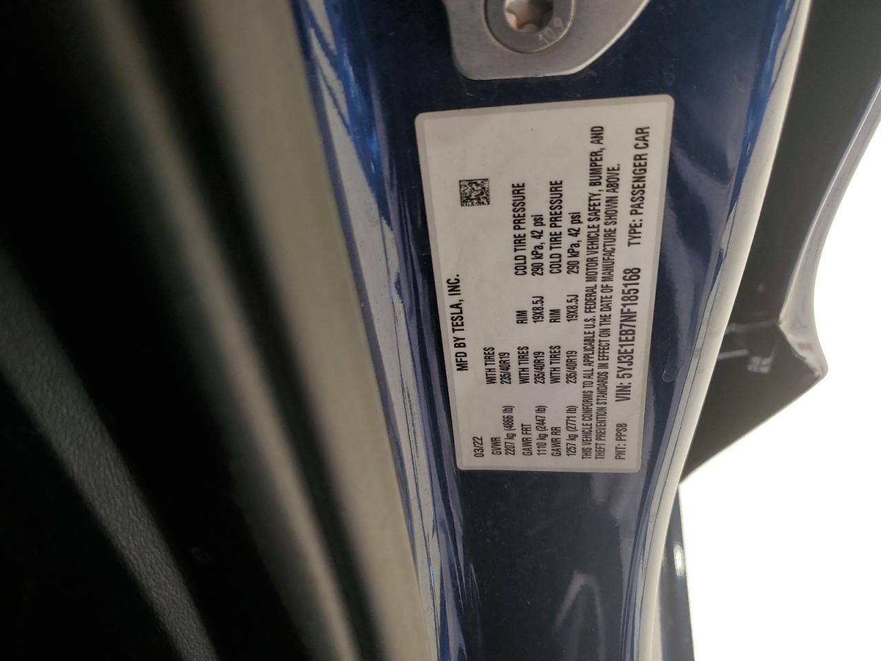 2022 TESLA MODEL 3 VIN:5YJ3E1EB7NF185168