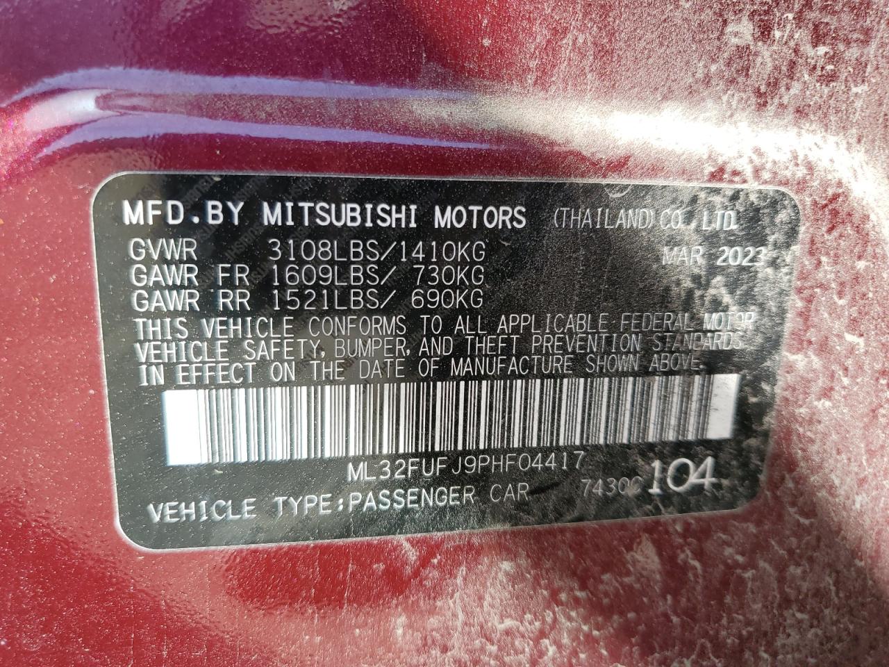 2023 MITSUBISHI MIRAGE G4 ES VIN:ML32FUFJ9PHF04417