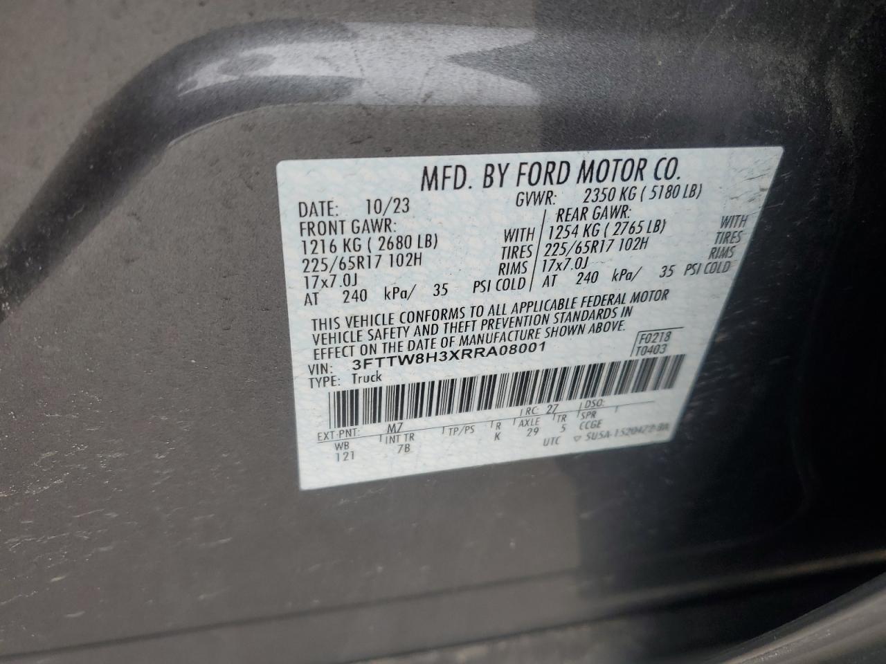 2024 FORD MAVERICK XLT VIN:3FTTW8H3XRRA08001