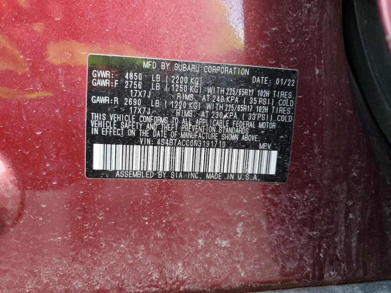 2022 SUBARU OUTBACK PREMIUM VIN:4S4BTACC0N3191710