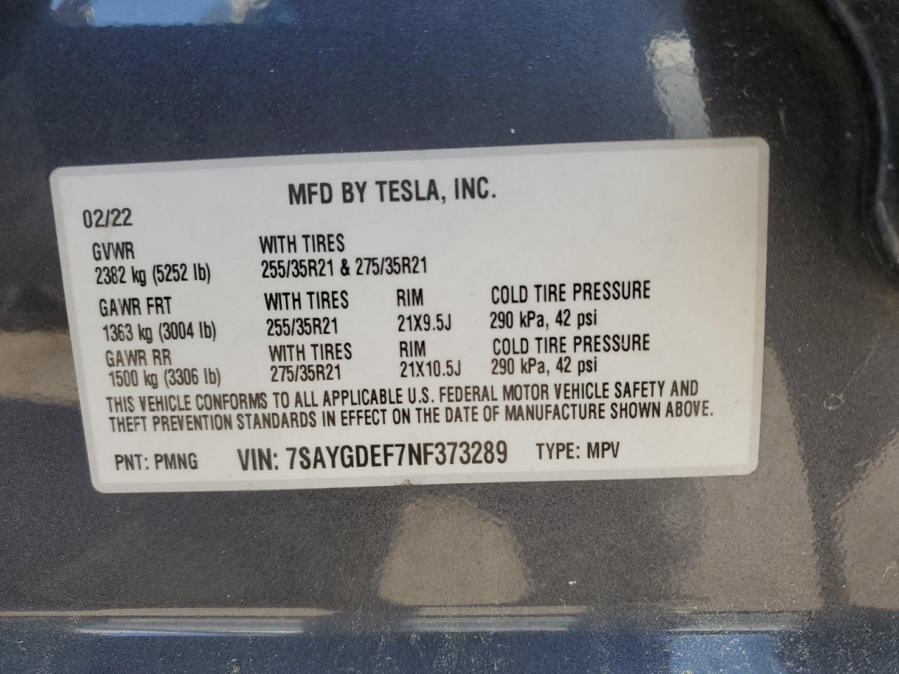 2022 TESLA MODEL Y VIN:7SAYGDEF7NF373289