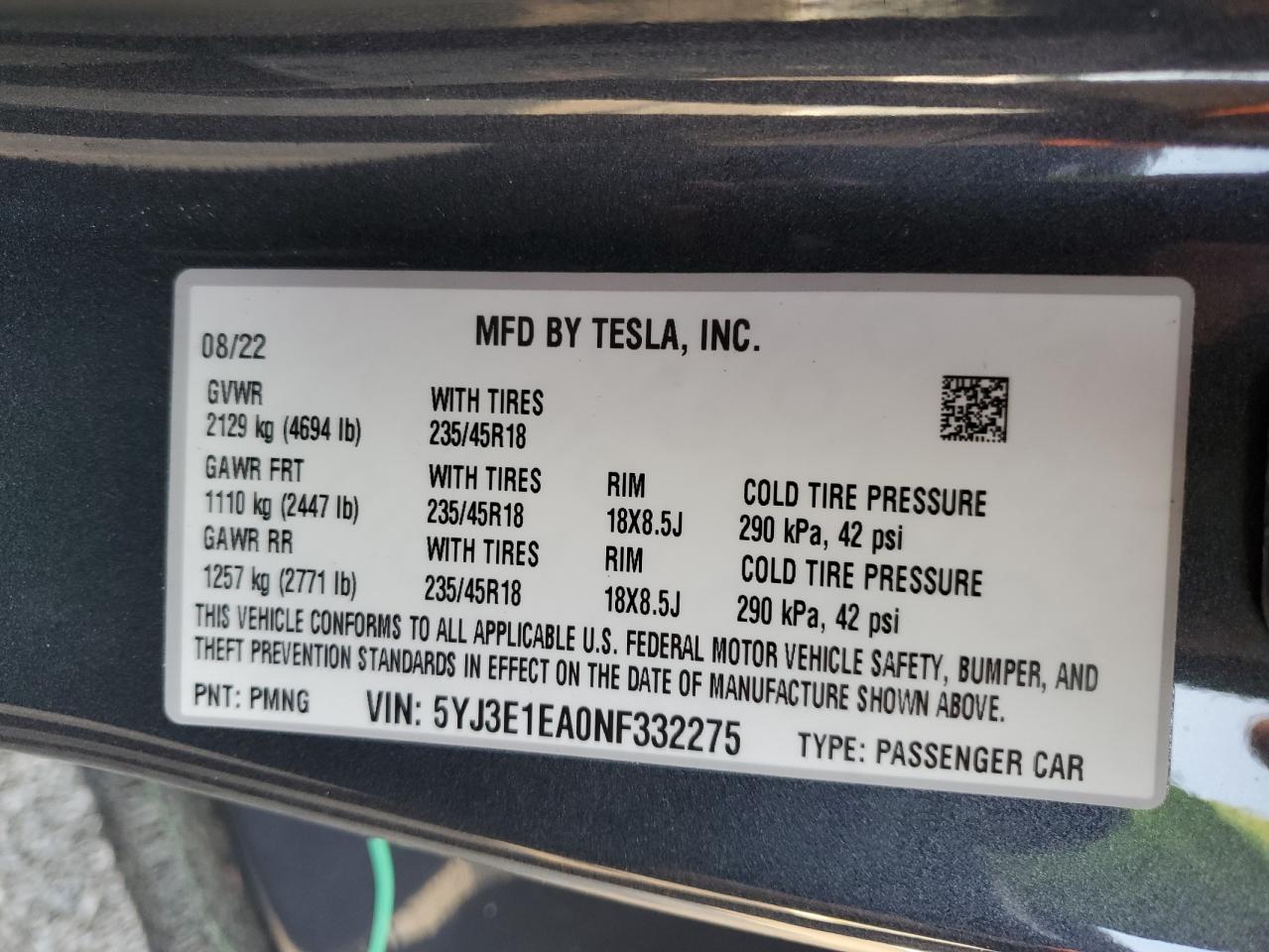 2022 TESLA MODEL 3 VIN:5YJ3E1EA0NF332275