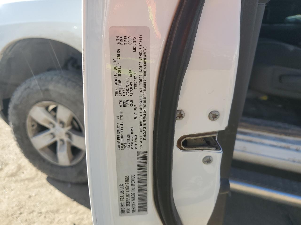 2022 RAM 1500 CLASSIC TRADESMAN VIN:3C6RR7KTXNG174603