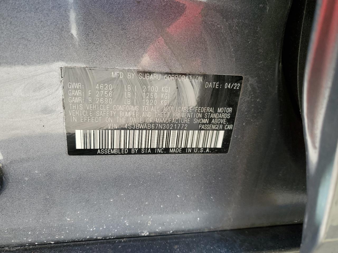 2022 SUBARU LEGACY VIN:4S3BWAB67N3021772