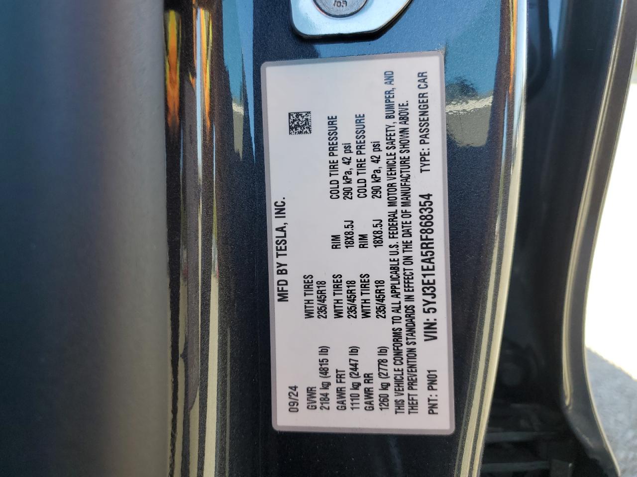 2024 TESLA MODEL 3 VIN:5YJ3E1EA5RF868354